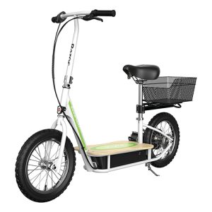 A white scooter with a basket. Scooter Advice 360