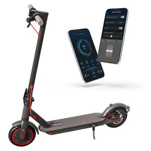 An electric scooter with a phone attached to it. Scooter Advice 360