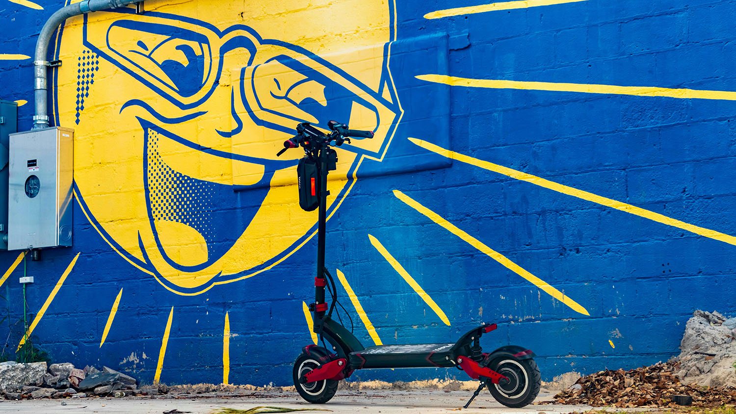 An electric scooter is parked in front of a vibrant mural. Scooter Advice