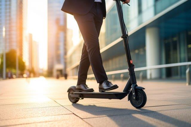 A businessman riding an electric scooter in a city. Scooter Advice 360