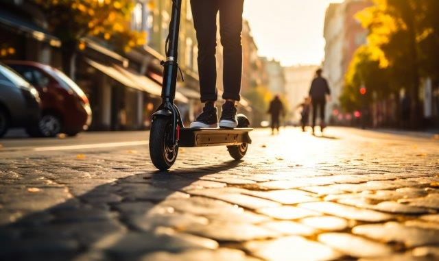 A person riding an electric scooter on a city street. Scooter Advice 360