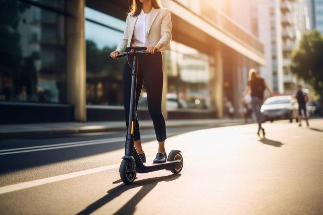 A woman riding an electric scooter on a city street. Scooter Advice 360