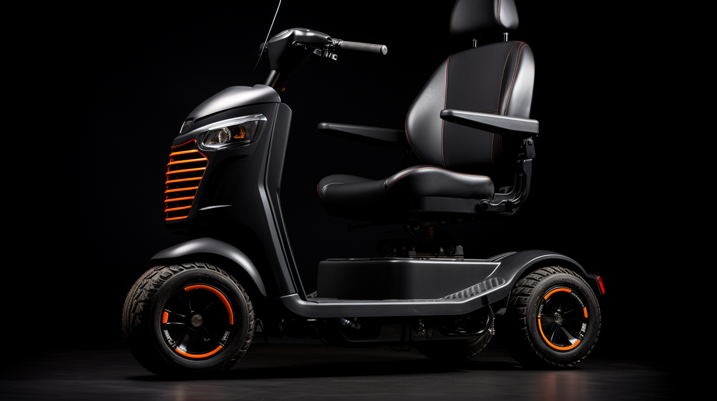 A black and orange scooter on a black background, available for rent. Scooter Advice
