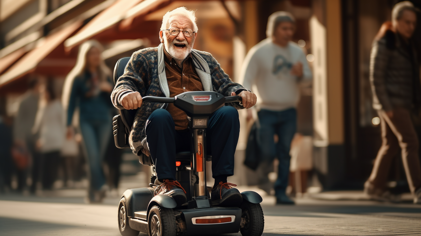 An elderly man riding a 2 seater mobility scooter on a city street. Scooter Advice