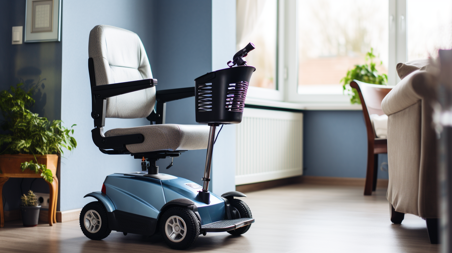 A blue 2 seater mobility scooter in a living room. Scooter Advice