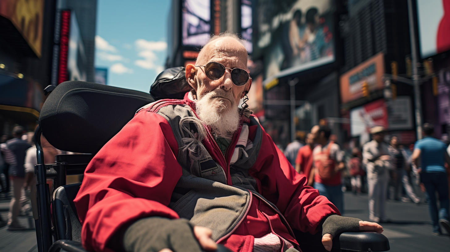 An elderly man sitting in a wheelchair in a busy city, wondering how much it would cost to rent a mobility scooter. Scooter Advice