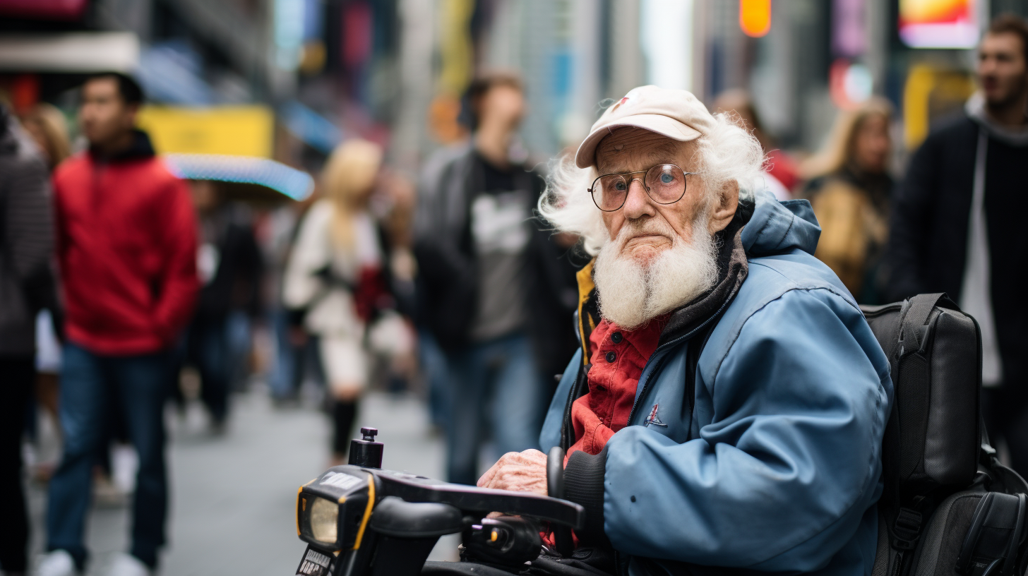 An elderly man with mobility scooter charging problems on a busy street. Scooter Advice