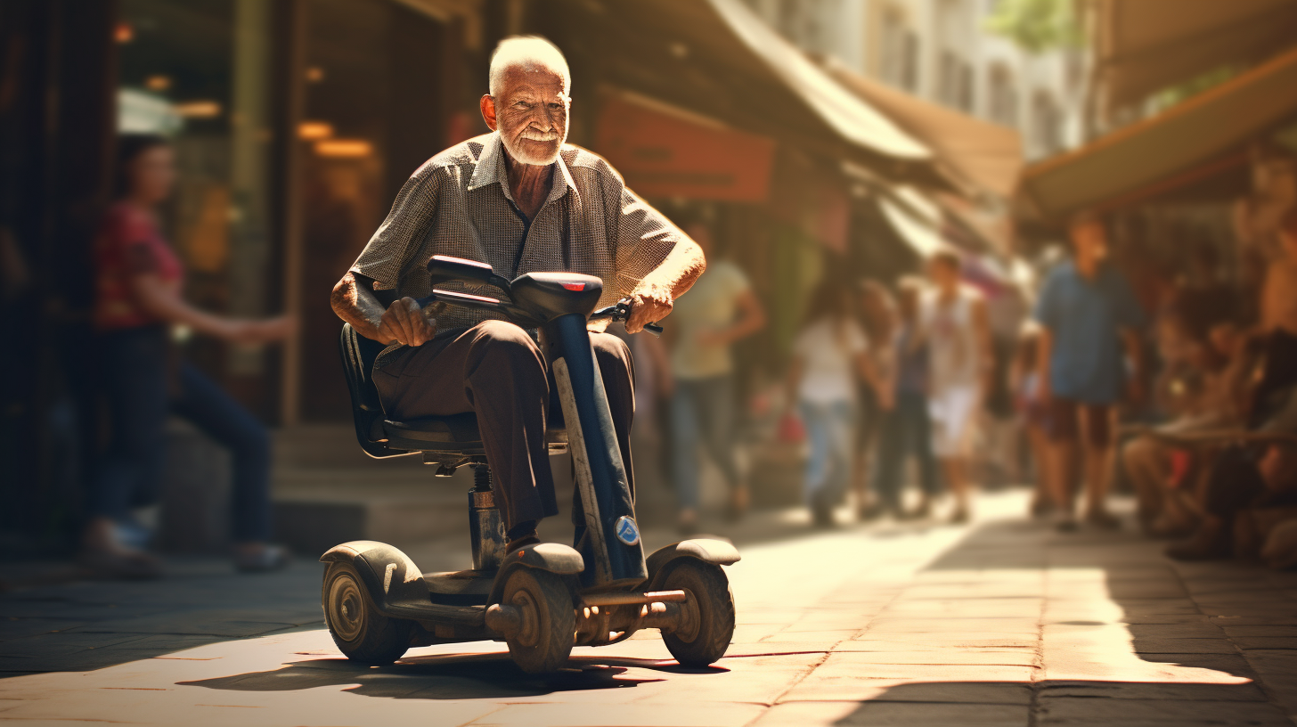 An elderly man facing mobility scooter charging problems in a city. Scooter Advice