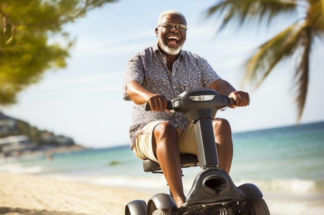A joyful senior man riding a mobility scooter on a beachside promenade. Scooter Advice 360