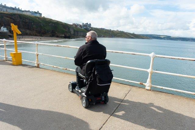 A person in a motorized wheelchair looking out at a coastal scene from a pier. Scooter Advice 360