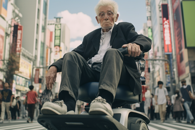 An elderly man using a mobility aid, sitting on a scooter in a busy city. Scooter Advice