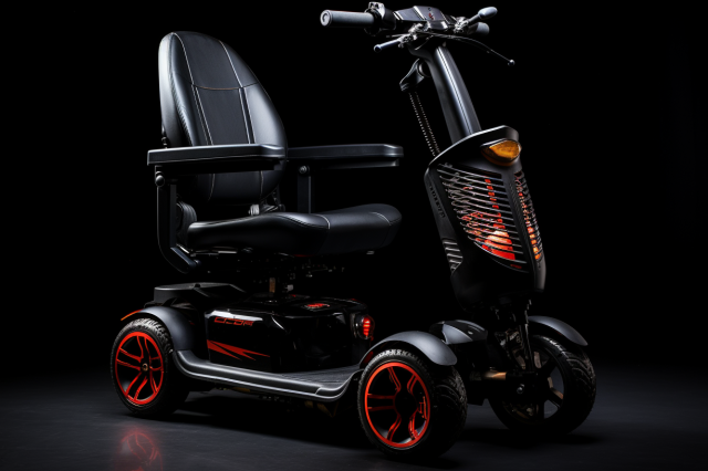 A black and orange electric scooter on a black background. Quantum Power Chair Troubleshooting. Scooter Advice