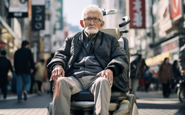 An elderly man in a wheelchair on a city street, exploring what mobility scooters are approved by medicare. Scooter Advice 360