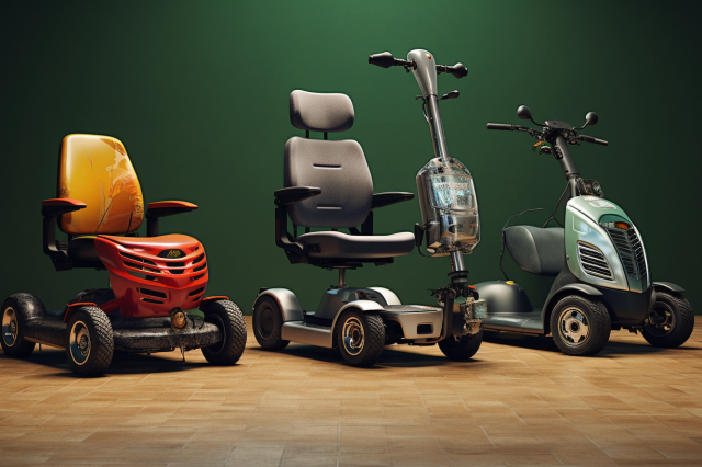 Three electric scooters in front of a green wall, offering options for mobility scooter donation near me. Scooter Advice