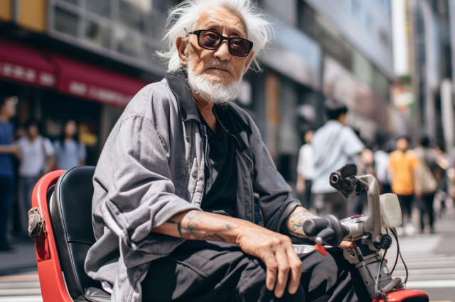 An elderly man on a scooter in a city looking for where to donate his mobility scooter near him. Scooter Advice